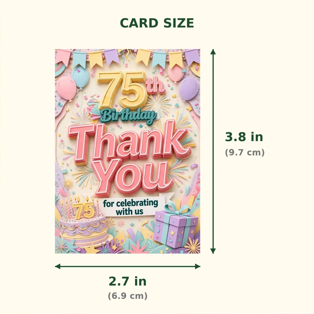 75th Birthday Theme Thank You Cards Birthday Party Supplies (PACK OF 30) - 300 GSM Matte Fine Art Cardstock (2.5 x 3.5 Inch) - Premium Party Decor Supply by Party Decor Mall - View 2