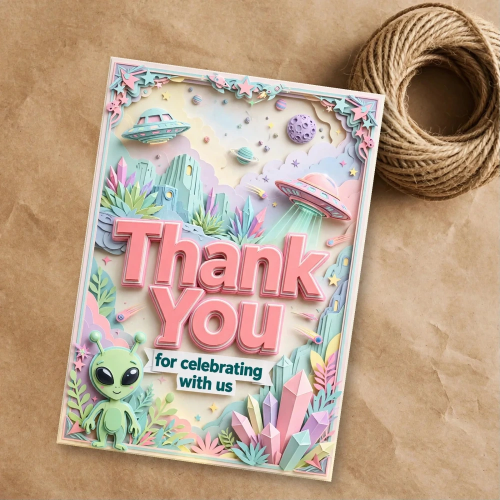 Alien Theme Thank You Cards Birthday Party Supplies (PACK OF 30) - 300 GSM Matte Fine Art Cardstock (2.5 x 3.5 Inch) - Premium Party Decor Supply by Party Decor Mall - View 1