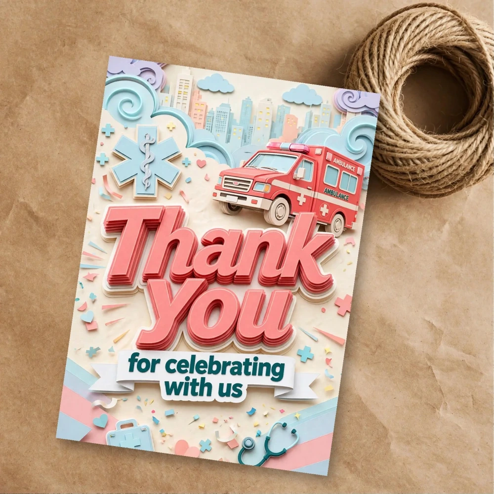 Ambulance Theme Thank You Cards Birthday Party Supplies (PACK OF 30) - 300 GSM Matte Fine Art Cardstock (2.5 x 3.5 Inch) - Premium Party Decor Supply by Party Decor Mall - View 1