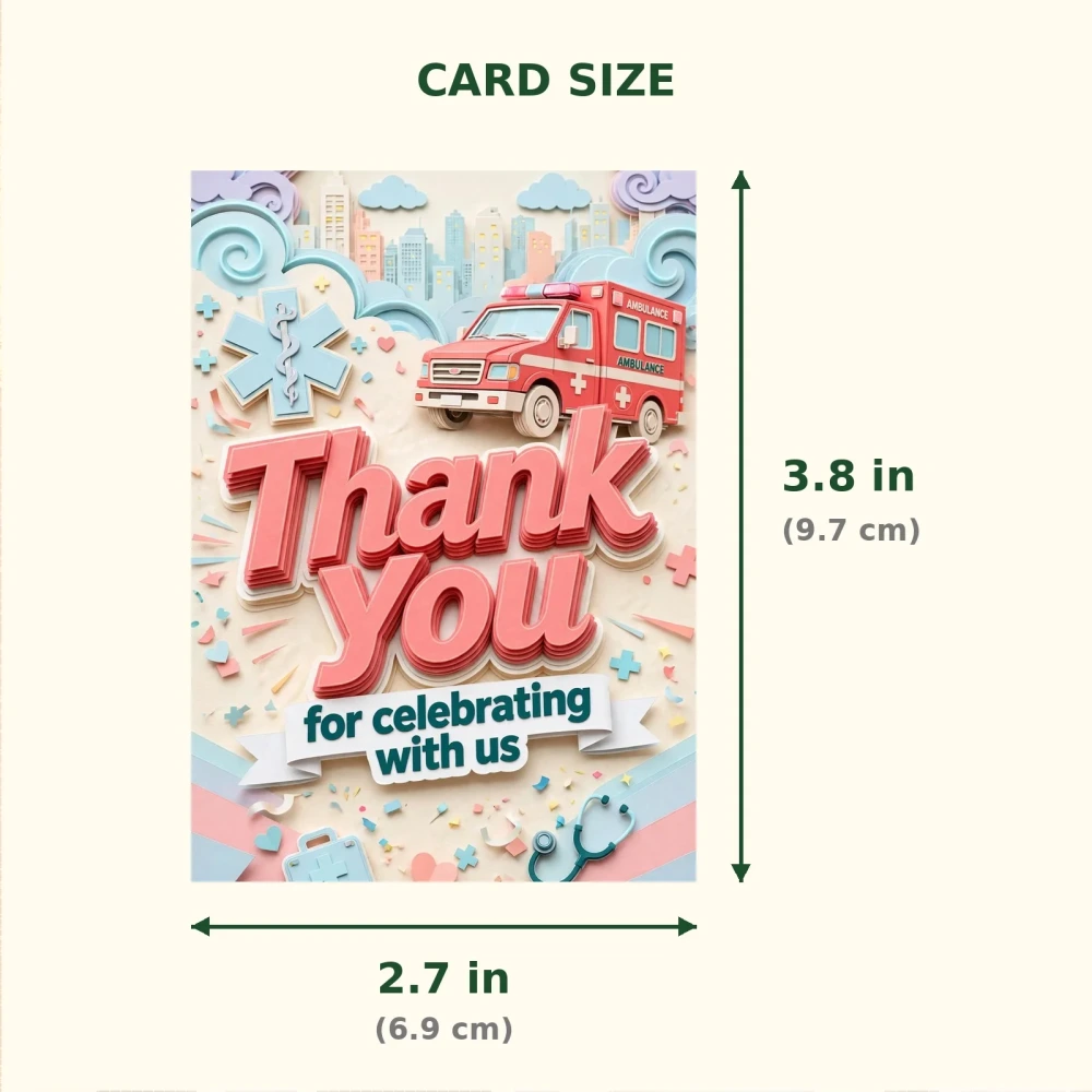 Ambulance Theme Thank You Cards Birthday Party Supplies (PACK OF 30) - 300 GSM Matte Fine Art Cardstock (2.5 x 3.5 Inch) - Premium Party Decor Supply by Party Decor Mall - View 2