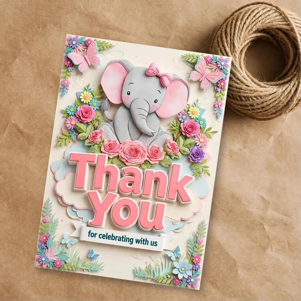 Baby Elephant Girl Theme Thank You Cards Birthday Party Supplies (PACK OF 30) - 300 GSM Matte Fine Art Cardstock (2.5 x 3.5 Inch) - Premium Party Decor Supply by Party Decor Mall - View 1