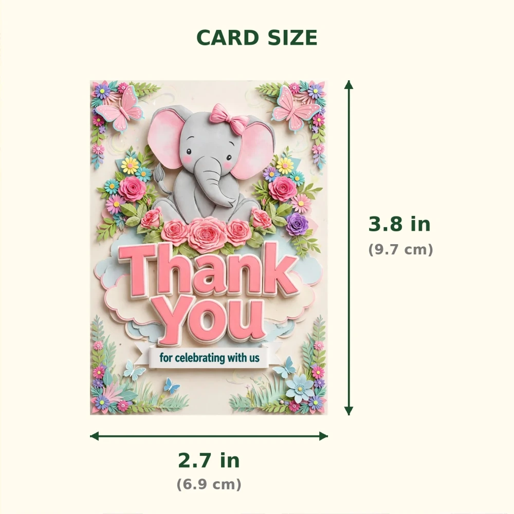 Baby Elephant Girl Theme Thank You Cards Birthday Party Supplies (PACK OF 30) - 300 GSM Matte Fine Art Cardstock (2.5 x 3.5 Inch) - Premium Party Decor Supply by Party Decor Mall - View 2