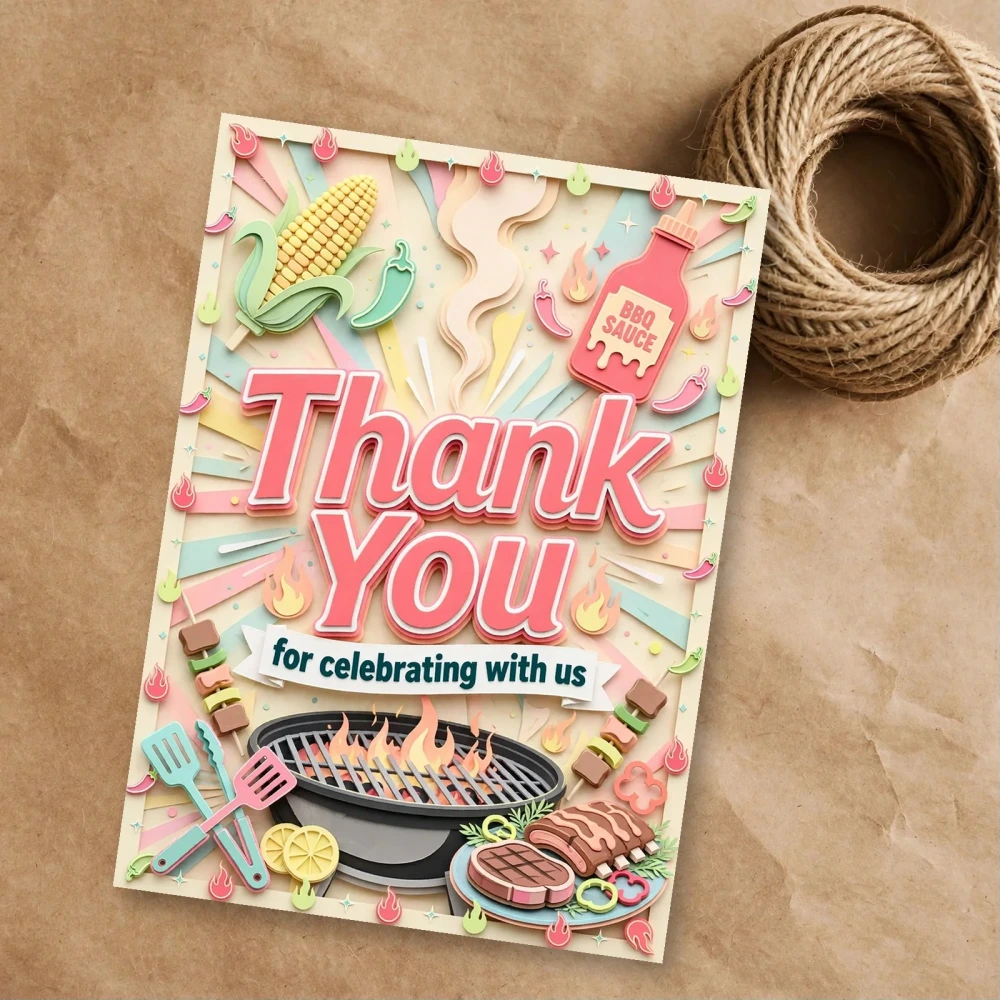 Barbecue Theme Thank You Cards Birthday Party Supplies (PACK OF 30) - 300 GSM Matte Fine Art Cardstock (2.5 x 3.5 Inch) - Premium Party Decor Supply by Party Decor Mall - View 1