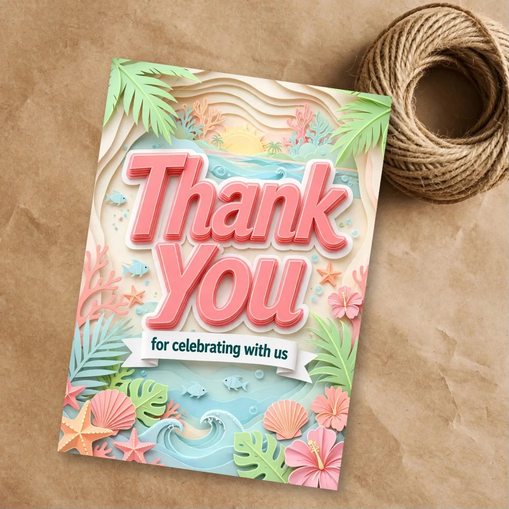 Beach Theme Thank You Cards Birthday Party Supplies (PACK OF 30) - 300 GSM Matte Fine Art Cardstock (2.5 x 3.5 Inch) - Premium Party Decor Supply by Party Decor Mall - View 1