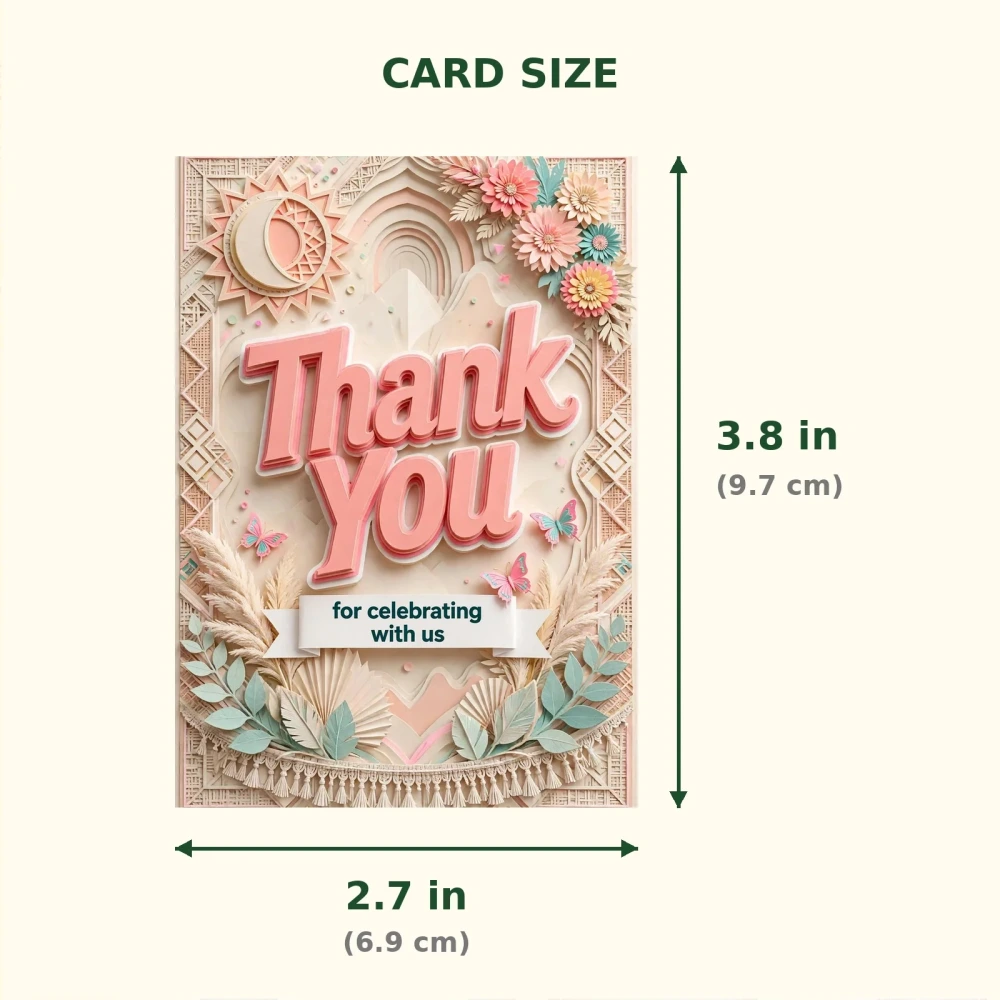 Beige Boho Theme Thank You Cards Birthday Party Supplies (PACK OF 30) - 300 GSM Matte Fine Art Cardstock (2.5 x 3.5 Inch) - Premium Party Decor Supply by Party Decor Mall - View 2