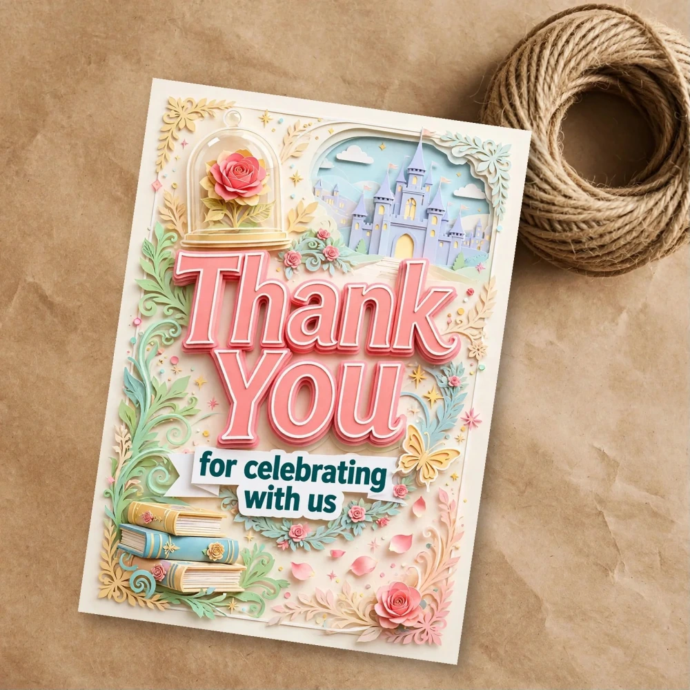 Belle Theme Thank You Cards Birthday Party Supplies (PACK OF 30) - 300 GSM Matte Fine Art Cardstock (2.5 x 3.5 Inch) - Premium Party Decor Supply by Party Decor Mall - View 1