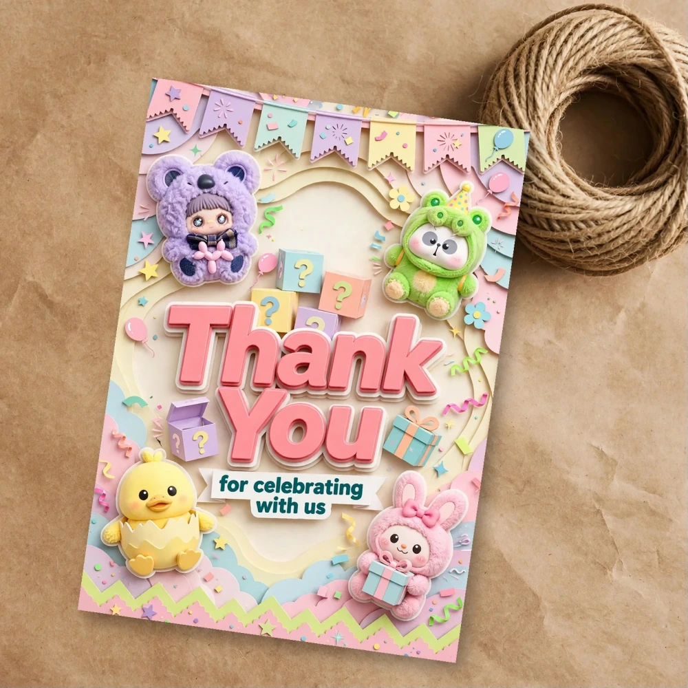 Blind Box Plush Theme Thank You Cards Birthday Party Supplies (PACK OF 30) - 300 GSM Matte Fine Art Cardstock (2.5 x 3.5 Inch) - Premium Party Decor Supply by Party Decor Mall - View 1