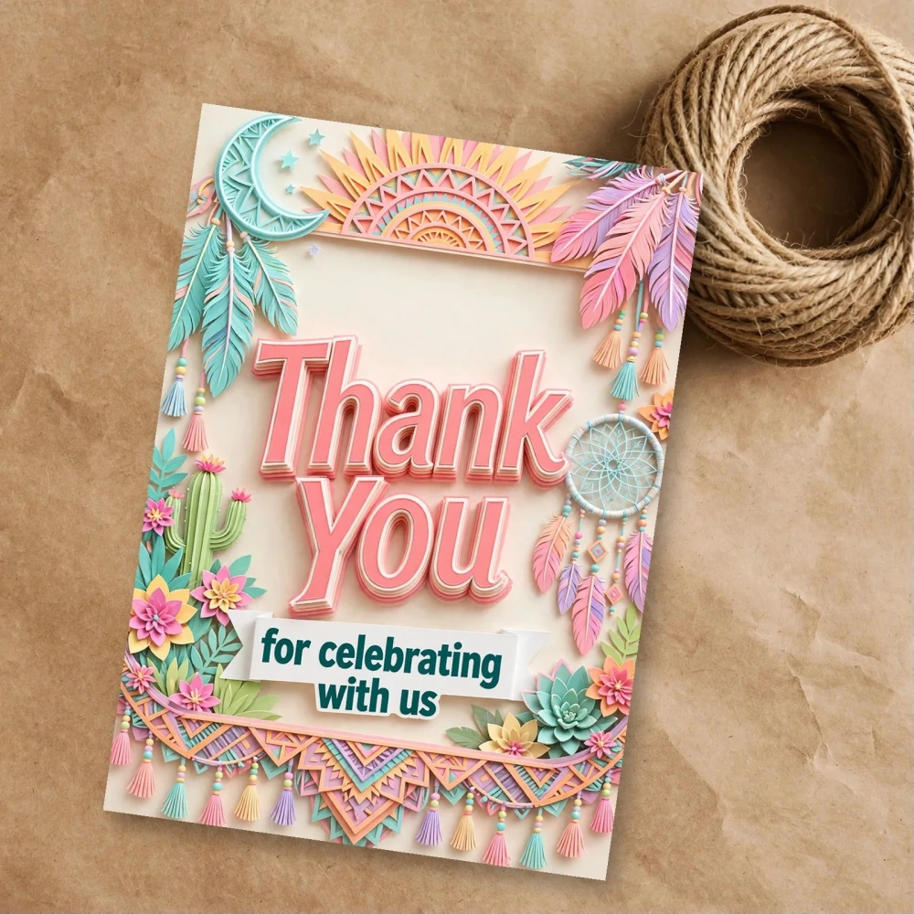 Boho Theme Thank You Cards Birthday Party Supplies (PACK OF 30) - 300 GSM Matte Fine Art Cardstock (2.5 x 3.5 Inch) - Premium Party Decor Supply by Party Decor Mall - View 1