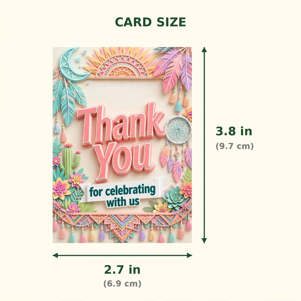Boho Theme Thank You Cards Birthday Party Supplies (PACK OF 30) - 300 GSM Matte Fine Art Cardstock (2.5 x 3.5 Inch) - Premium Party Decor Supply by Party Decor Mall - View 2