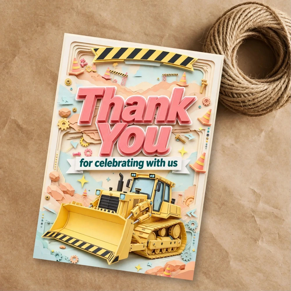 Bulldozer Theme Thank You Cards Birthday Party Supplies (PACK OF 30) - 300 GSM Matte Fine Art Cardstock (2.5 x 3.5 Inch) - Premium Party Decor Supply by Party Decor Mall - View 1