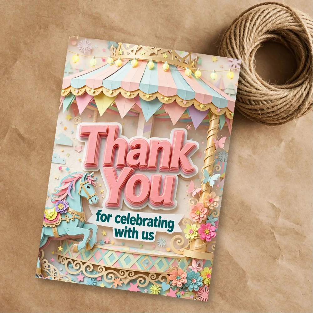 Carousel Theme Thank You Cards Birthday Party Supplies (PACK OF 30) - 300 GSM Matte Fine Art Cardstock (2.5 x 3.5 Inch) - Premium Party Decor Supply by Party Decor Mall - View 1