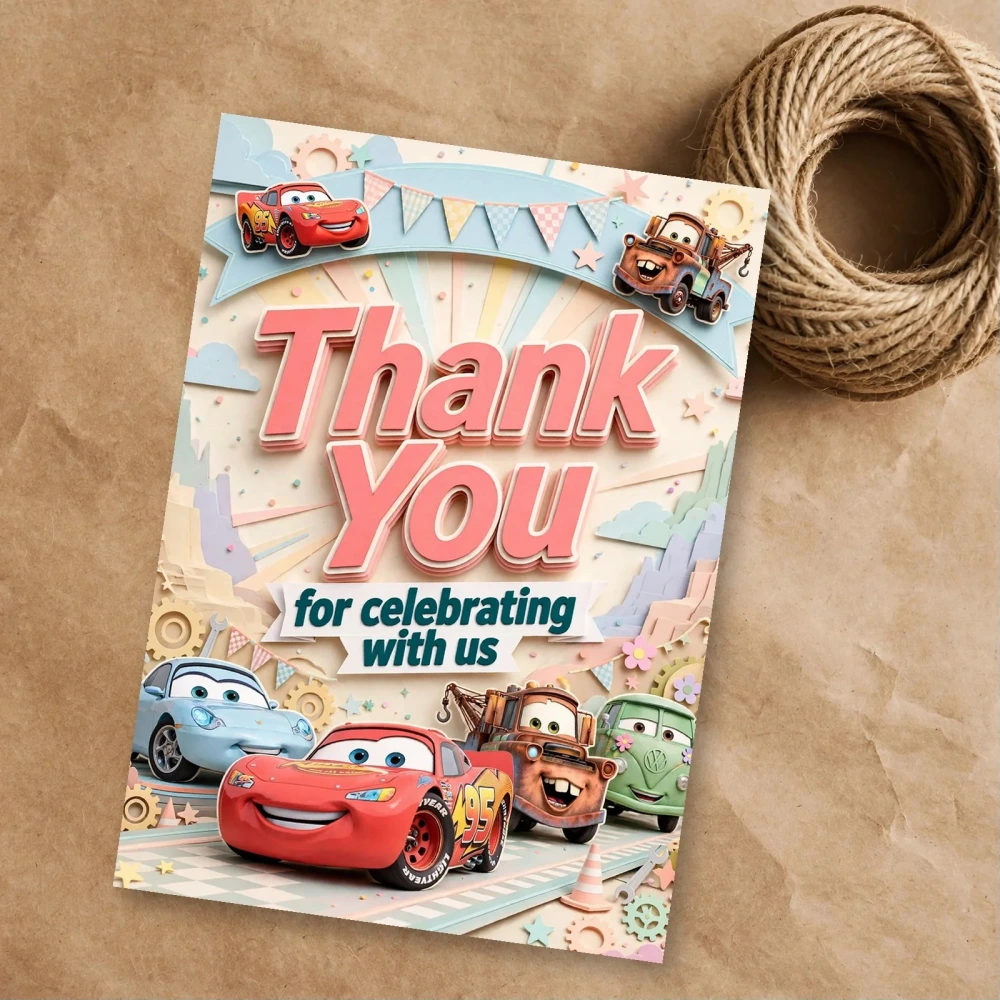 Cars Theme Thank You Cards Birthday Party Supplies (PACK OF 30) - 300 GSM Matte Fine Art Cardstock (2.5 x 3.5 Inch) - Premium Party Decor Supply by Party Decor Mall - View 1
