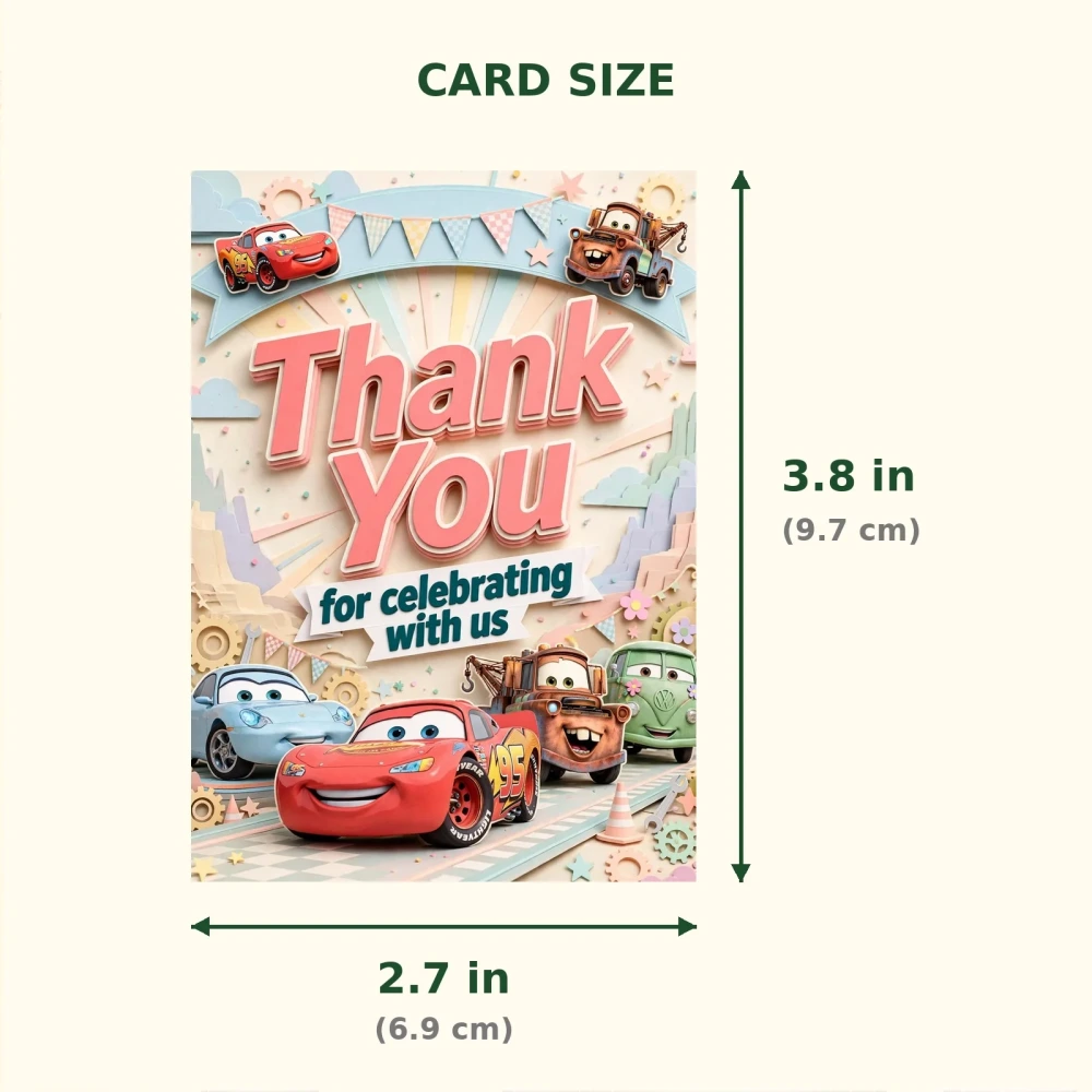 Cars Theme Thank You Cards Birthday Party Supplies (PACK OF 30) - 300 GSM Matte Fine Art Cardstock (2.5 x 3.5 Inch) - Premium Party Decor Supply by Party Decor Mall - View 2