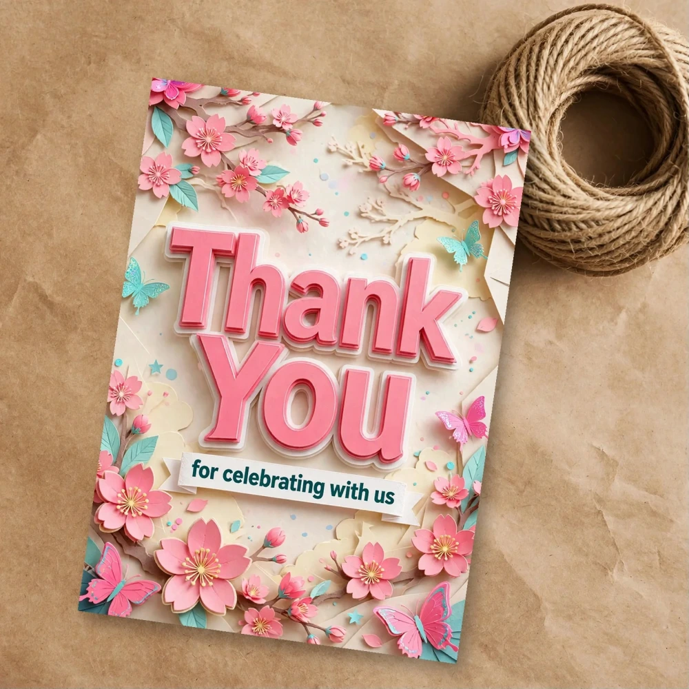 Cherry Blossom Theme Thank You Cards Birthday Party Supplies (PACK OF 30) - 300 GSM Matte Fine Art Cardstock (2.5 x 3.5 Inch) - Premium Party Decor Supply by Party Decor Mall - View 1