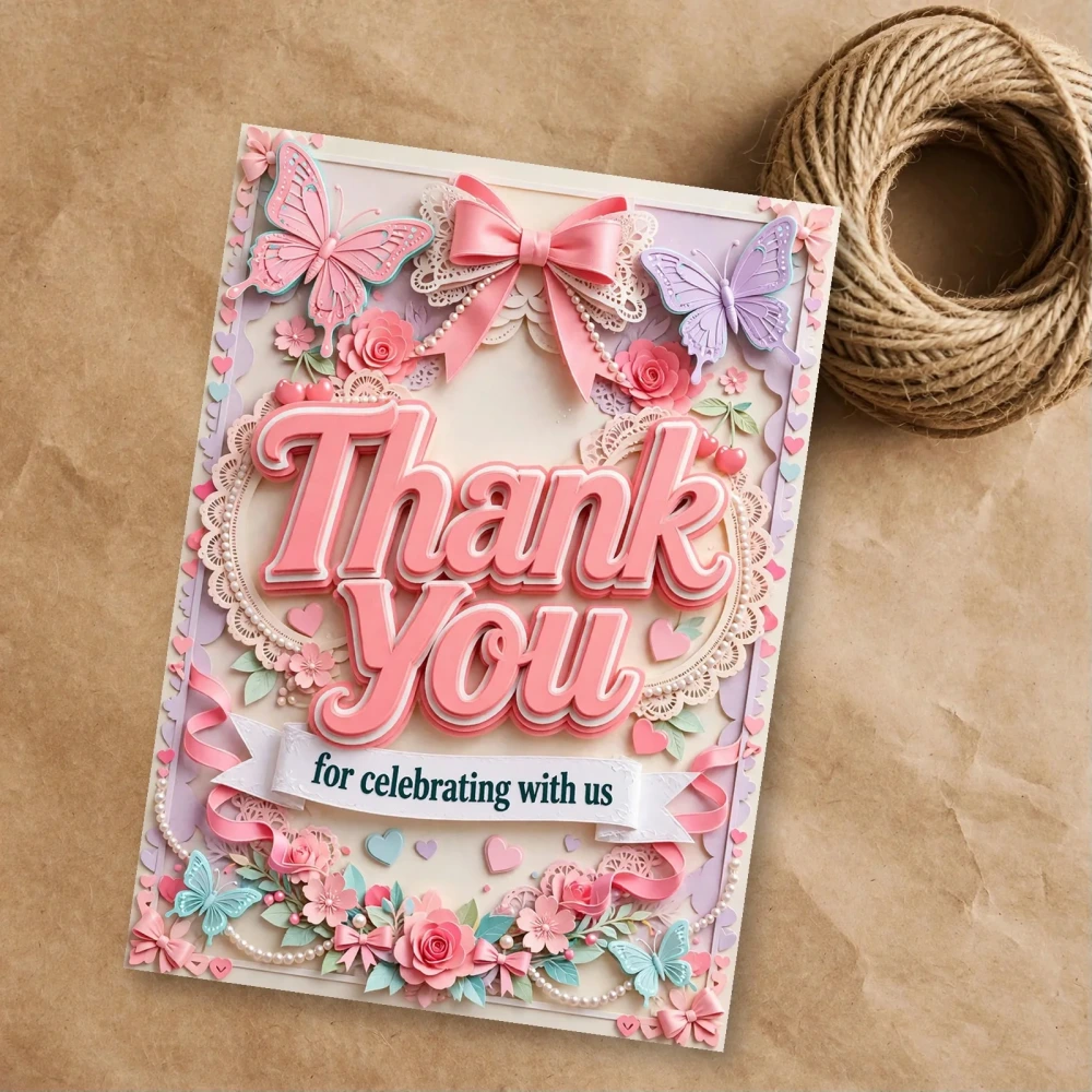 Coquette Theme Thank You Cards Birthday Party Supplies (PACK OF 30) - 300 GSM Matte Fine Art Cardstock (2.5 x 3.5 Inch) - Premium Party Decor Supply by Party Decor Mall - View 1