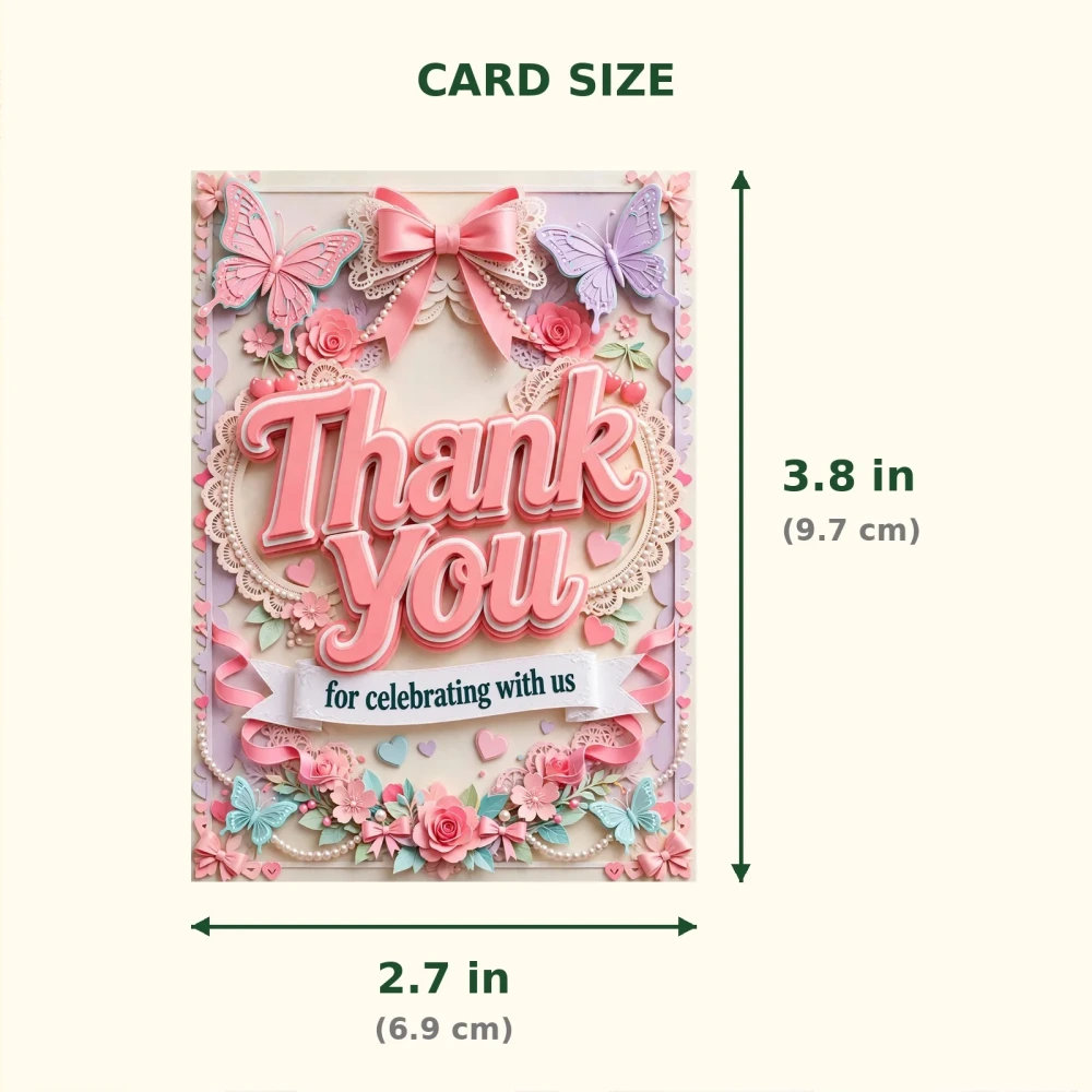 Coquette Theme Thank You Cards Birthday Party Supplies (PACK OF 30) - 300 GSM Matte Fine Art Cardstock (2.5 x 3.5 Inch) - Premium Party Decor Supply by Party Decor Mall - View 2