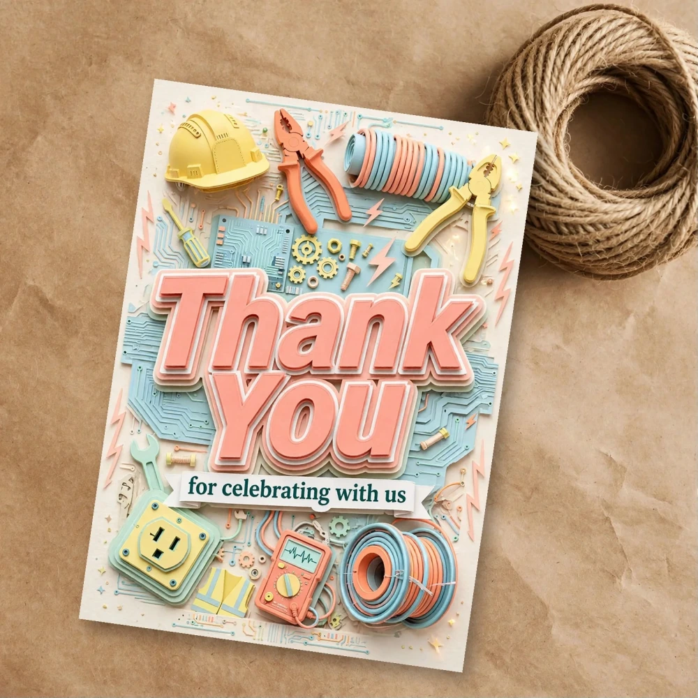 Electrician Theme Thank You Cards Birthday Party Supplies (PACK OF 30) - 300 GSM Matte Fine Art Cardstock (2.5 x 3.5 Inch) - Premium Party Decor Supply by Party Decor Mall - View 1