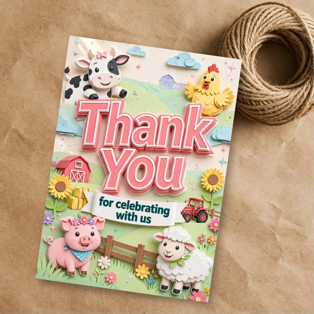 Farm Friends Theme Thank You Cards Birthday Party Supplies (PACK OF 30) - 300 GSM Matte Fine Art Cardstock (2.5 x 3.5 Inch) - Premium Party Decor Supply by Party Decor Mall - View 1