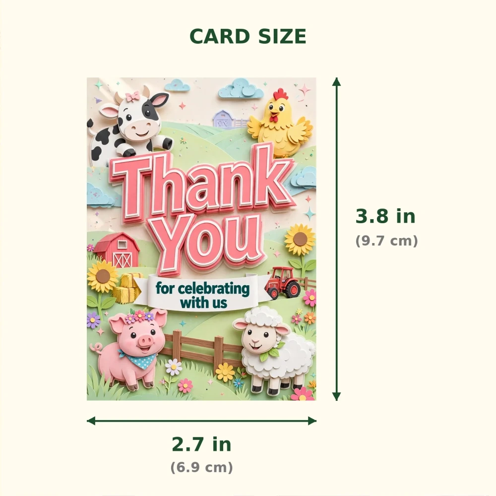 Farm Friends Theme Thank You Cards Birthday Party Supplies (PACK OF 30) - 300 GSM Matte Fine Art Cardstock (2.5 x 3.5 Inch) - Premium Party Decor Supply by Party Decor Mall - View 2