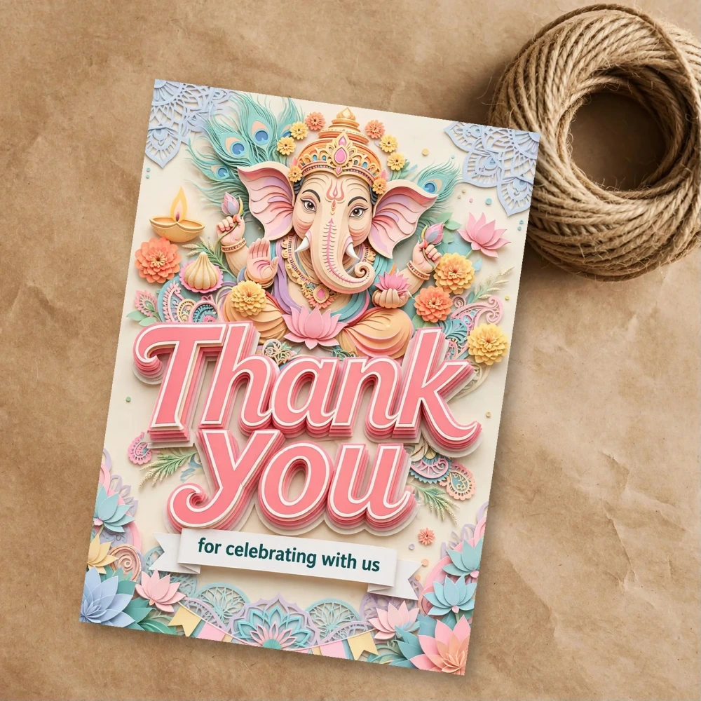 Ganesh Chaturthi Theme Thank You Cards Birthday Party Supplies (PACK OF 30) - 300 GSM Matte Fine Art Cardstock (2.5 x 3.5 Inch) - Premium Party Decor Supply by Party Decor Mall - View 1