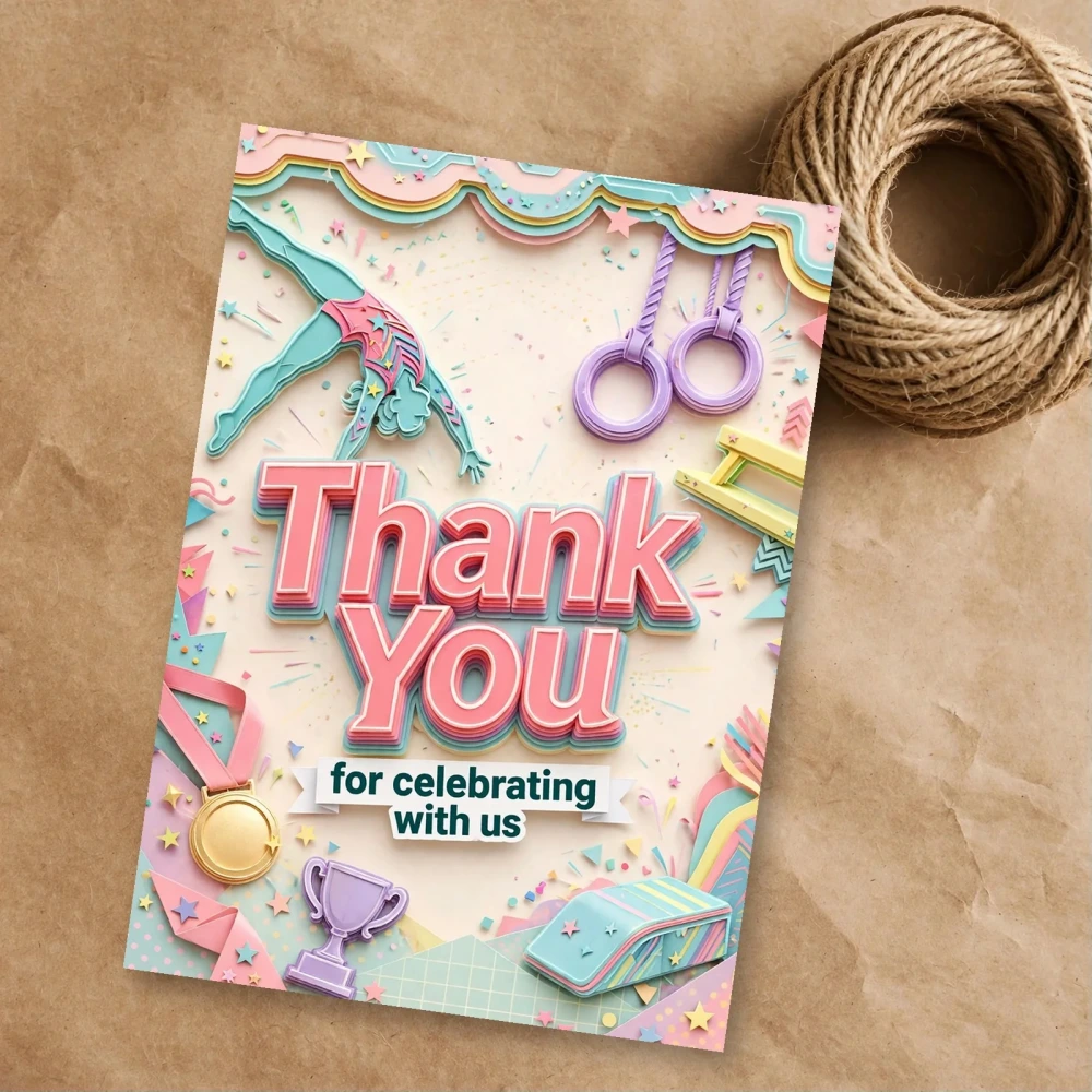 Gymnastics Theme Thank You Cards Birthday Party Supplies (PACK OF 30) - 300 GSM Matte Fine Art Cardstock (2.5 x 3.5 Inch) - Premium Party Decor Supply by Party Decor Mall - View 1
