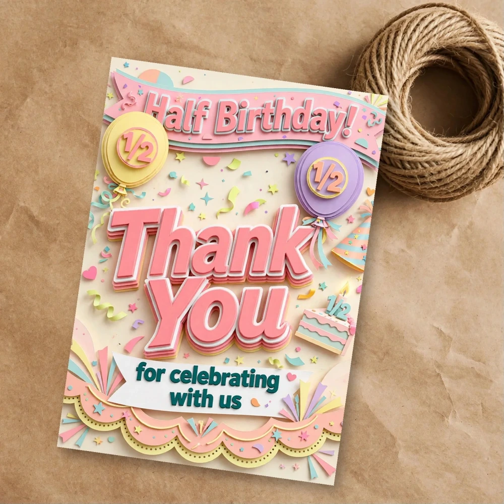 Half Birthday Theme Thank You Cards Birthday Party Supplies (PACK OF 30) - 300 GSM Matte Fine Art Cardstock (2.5 x 3.5 Inch) - Premium Party Decor Supply by Party Decor Mall - View 1