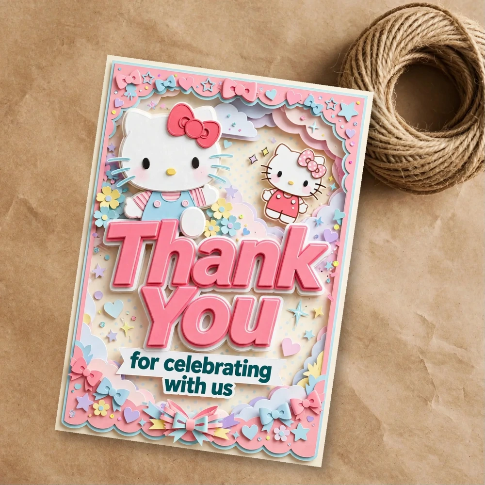 Hello Kitty Theme Thank You Cards Birthday Party Supplies (PACK OF 30) - 300 GSM Matte Fine Art Cardstock (2.5 x 3.5 Inch) - Premium Party Decor Supply by Party Decor Mall - View 1