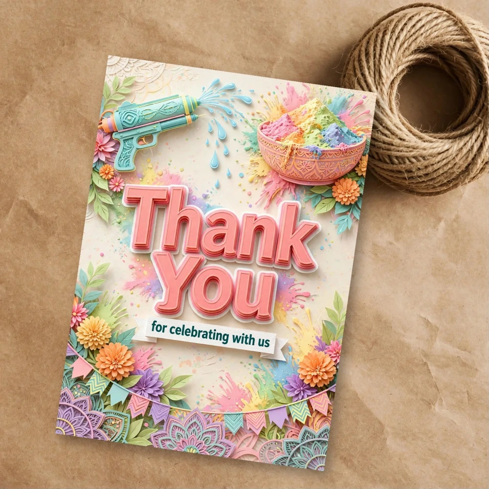 Holi Theme Thank You Cards Birthday Party Supplies (PACK OF 30) - 300 GSM Matte Fine Art Cardstock (2.5 x 3.5 Inch) - Premium Party Decor Supply by Party Decor Mall - View 1
