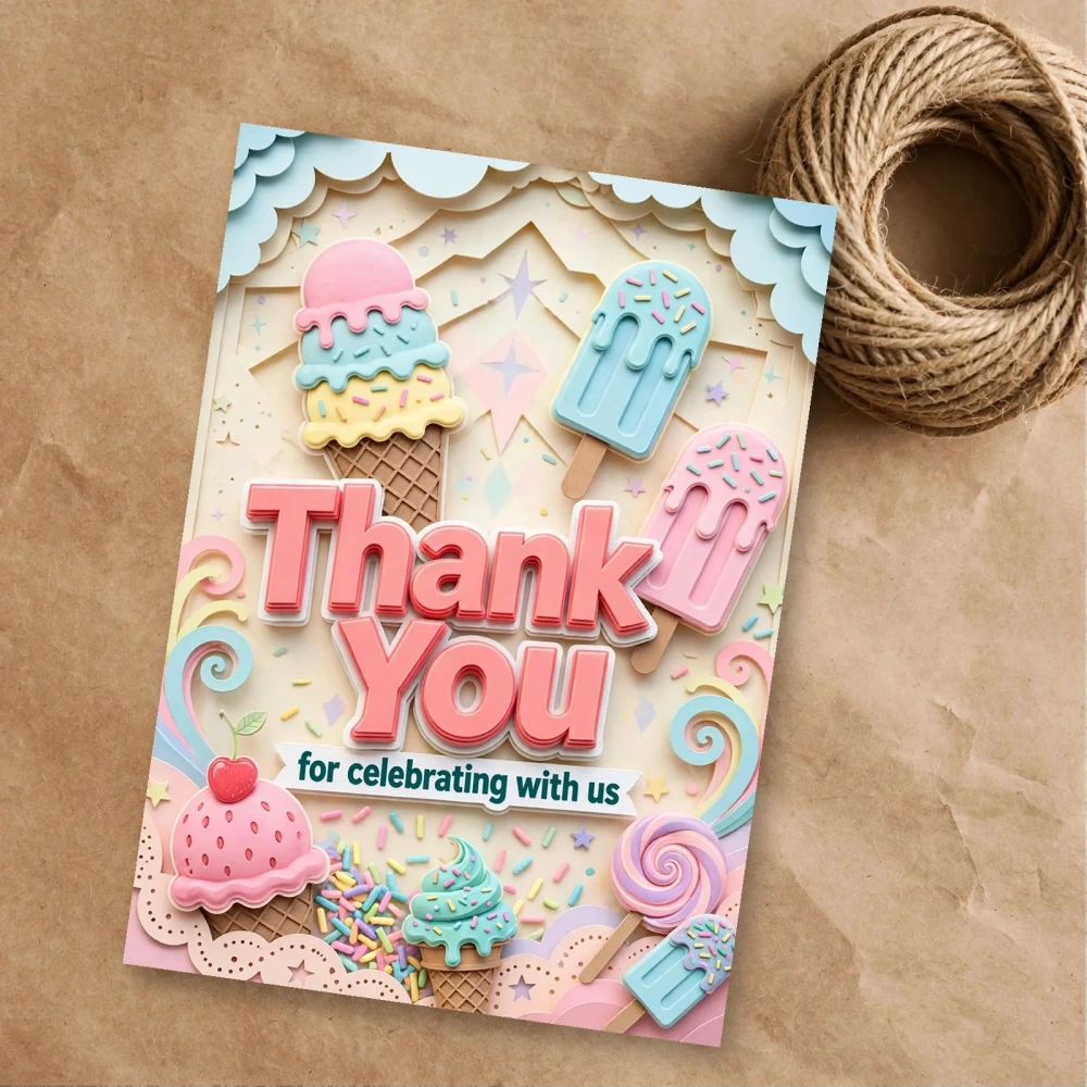 Ice Cream Theme Thank You Cards Birthday Party Supplies (PACK OF 30) - 300 GSM Matte Fine Art Cardstock (2.5 x 3.5 Inch) - Premium Party Decor Supply by Party Decor Mall - View 1