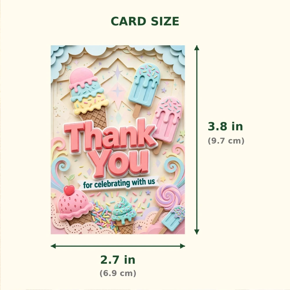 Ice Cream Theme Thank You Cards Birthday Party Supplies (PACK OF 30) - 300 GSM Matte Fine Art Cardstock (2.5 x 3.5 Inch) - Premium Party Decor Supply by Party Decor Mall - View 2