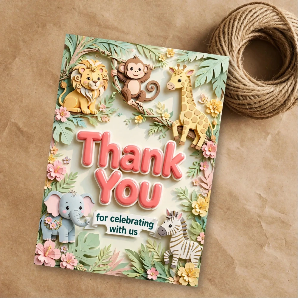 Jungle Theme Thank You Cards Birthday Party Supplies (PACK OF 30) - 300 GSM Matte Fine Art Cardstock (2.5 x 3.5 Inch) - Premium Party Decor Supply by Party Decor Mall - View 1