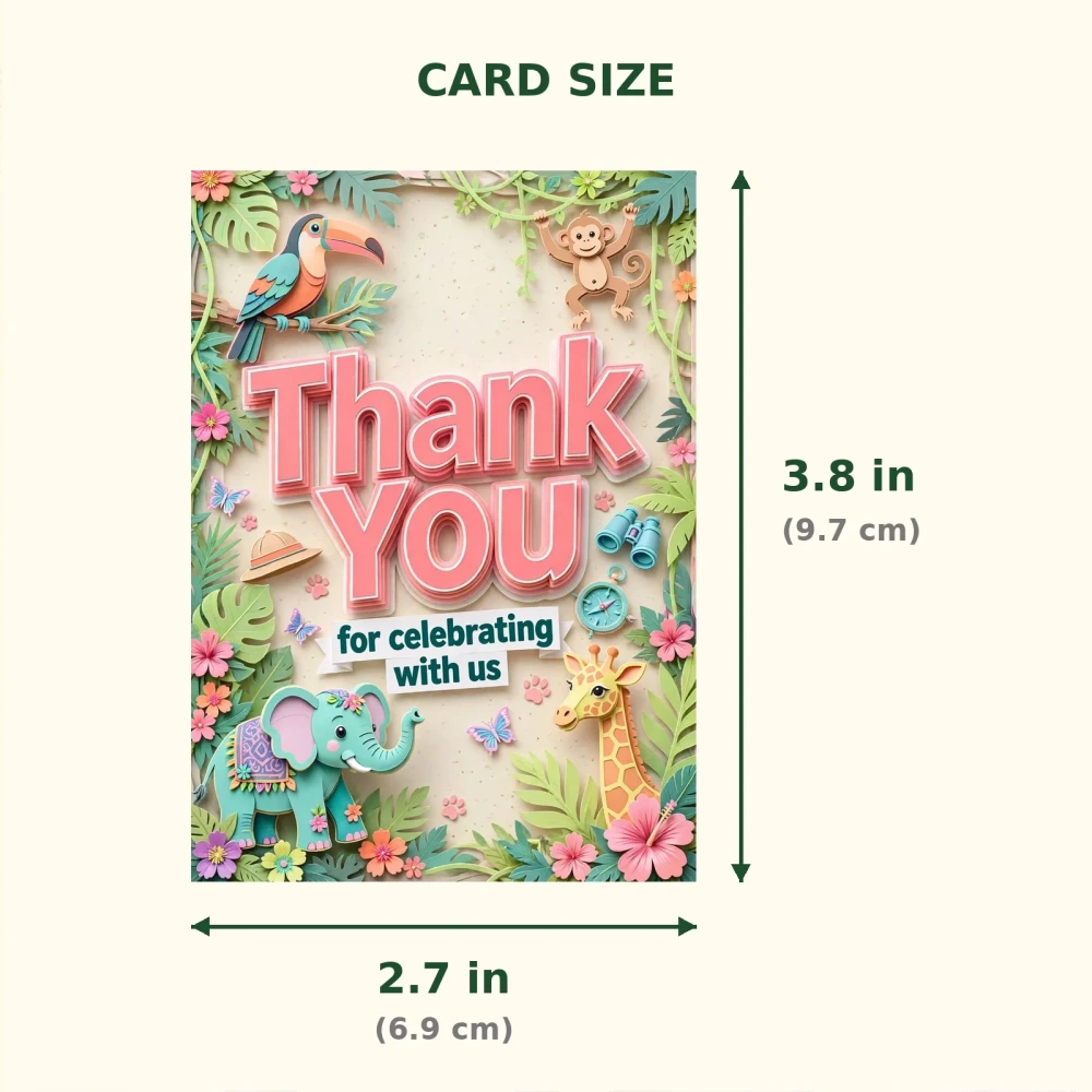 Jungle Safari Theme Thank You Cards Birthday Party Supplies (PACK OF 30) - 300 GSM Matte Fine Art Cardstock (2.5 x 3.5 Inch) - Premium Party Decor Supply by Party Decor Mall - View 2