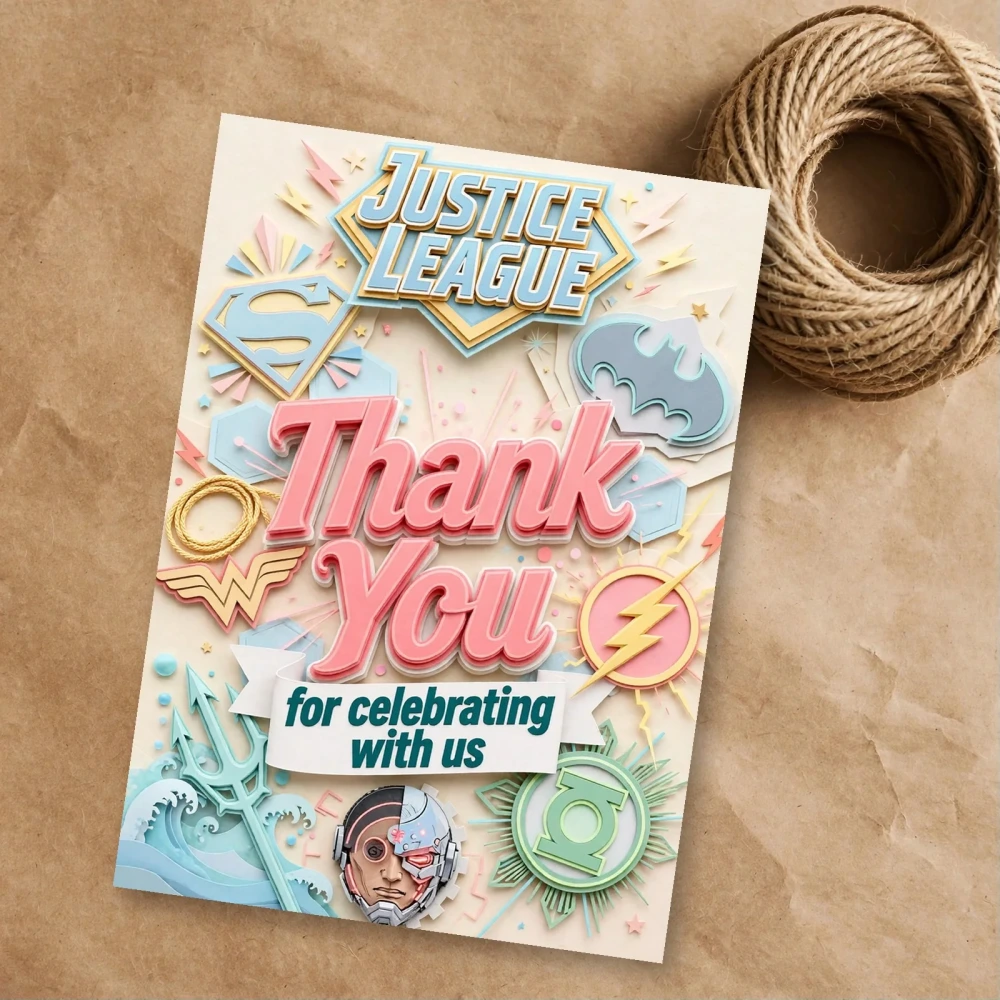 Justice League Theme Thank You Cards Birthday Party Supplies (PACK OF 30) - 300 GSM Matte Fine Art Cardstock (2.5 x 3.5 Inch) - Premium Party Decor Supply by Party Decor Mall - View 1