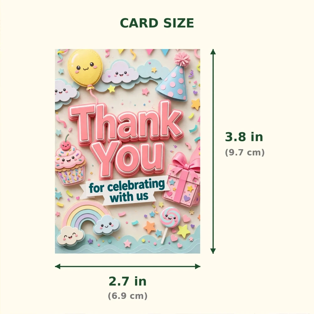 Kawaii Party Theme Thank You Cards Birthday Party Supplies (PACK OF 30) - 300 GSM Matte Fine Art Cardstock (2.5 x 3.5 Inch) - Premium Party Decor Supply by Party Decor Mall - View 2