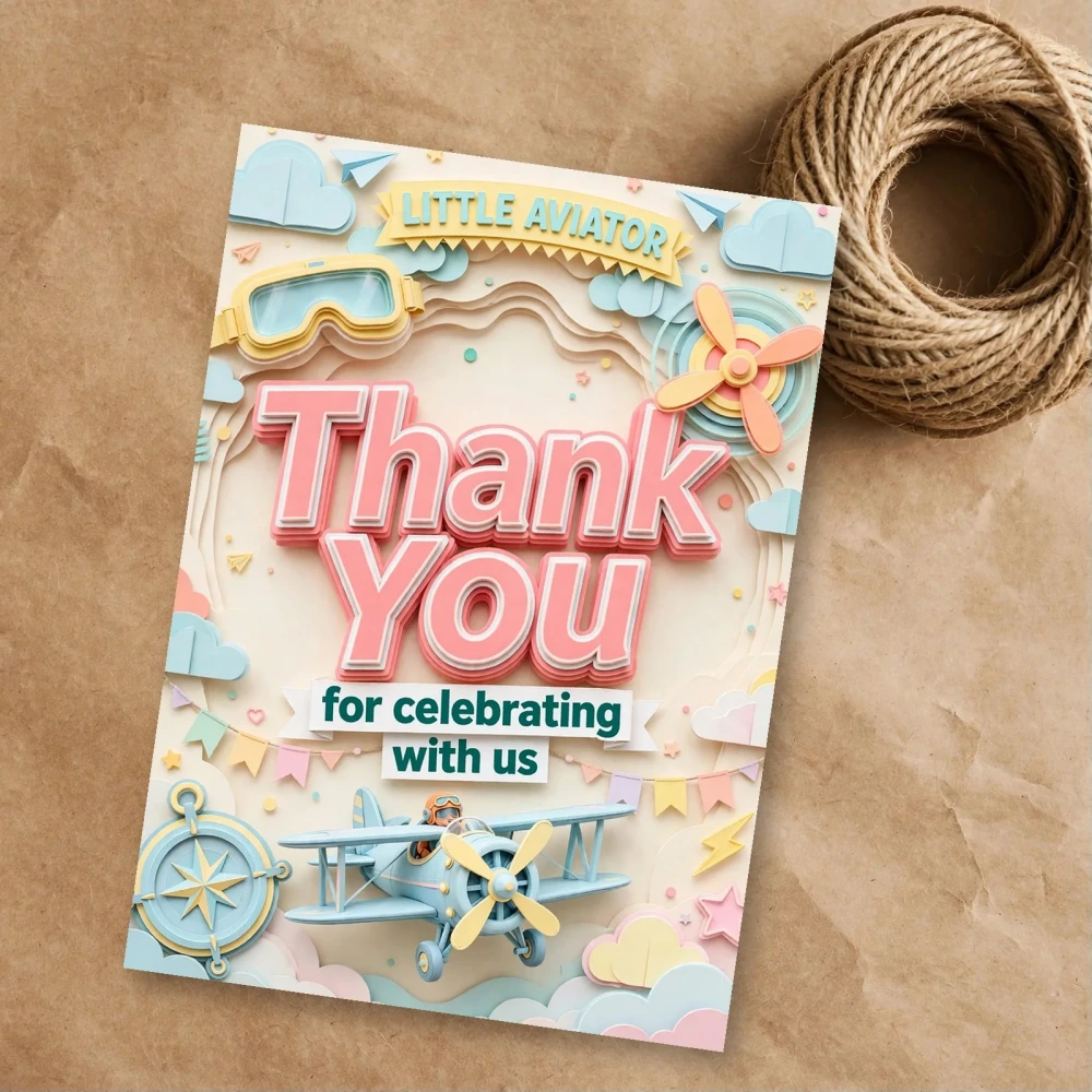 Little Aviator Theme Thank You Cards Birthday Party Supplies (PACK OF 30) - 300 GSM Matte Fine Art Cardstock (2.5 x 3.5 Inch) - Premium Party Decor Supply by Party Decor Mall - View 1