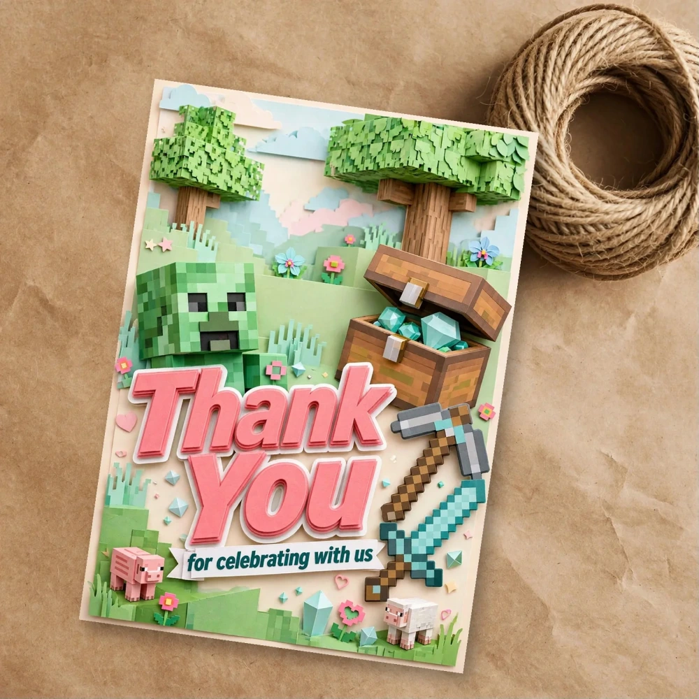Minecraft Theme Thank You Cards Birthday Party Supplies (PACK OF 30) - 300 GSM Matte Fine Art Cardstock (2.5 x 3.5 Inch)