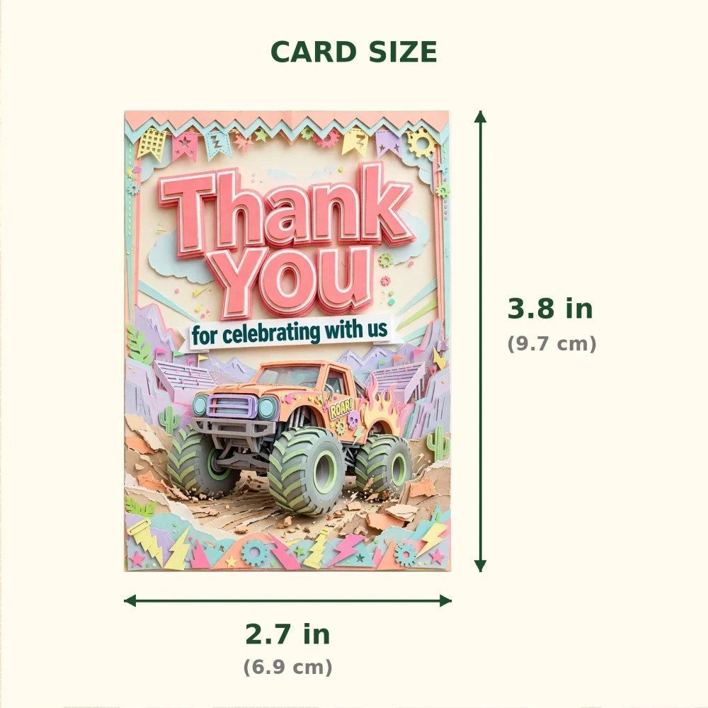 Monster Truck Theme Thank You Cards Birthday Party Supplies (PACK OF 30) - 300 GSM Matte Fine Art Cardstock (2.5 x 3.5 Inch) - Premium Party Decor Supply by Party Decor Mall - View 2
