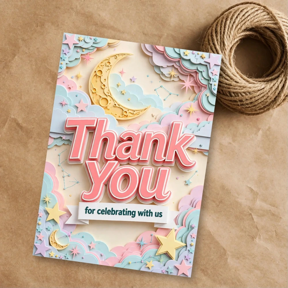 Moon Stars Theme Thank You Cards Birthday Party Supplies (PACK OF 30) - 300 GSM Matte Fine Art Cardstock (2.5 x 3.5 Inch) - Premium Party Decor Supply by Party Decor Mall - View 1