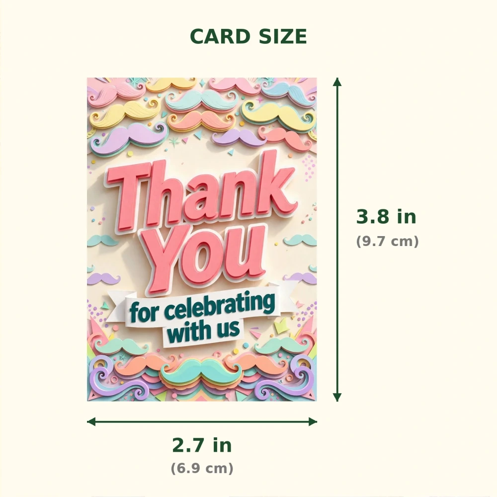 Mustache Theme Thank You Cards Birthday Party Supplies (PACK OF 30) - 300 GSM Matte Fine Art Cardstock (2.5 x 3.5 Inch) - Premium Party Decor Supply by Party Decor Mall - View 2