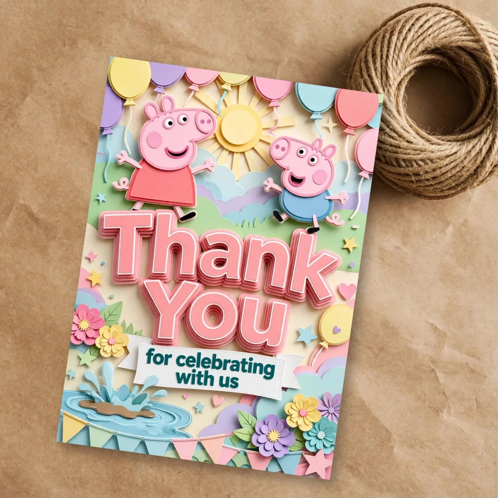 Peppa Pig Theme Thank You Cards Birthday Party Supplies (PACK OF 30) - 300 GSM Matte Fine Art Cardstock (2.5 x 3.5 Inch) - Premium Party Decor Supply by Party Decor Mall - View 1