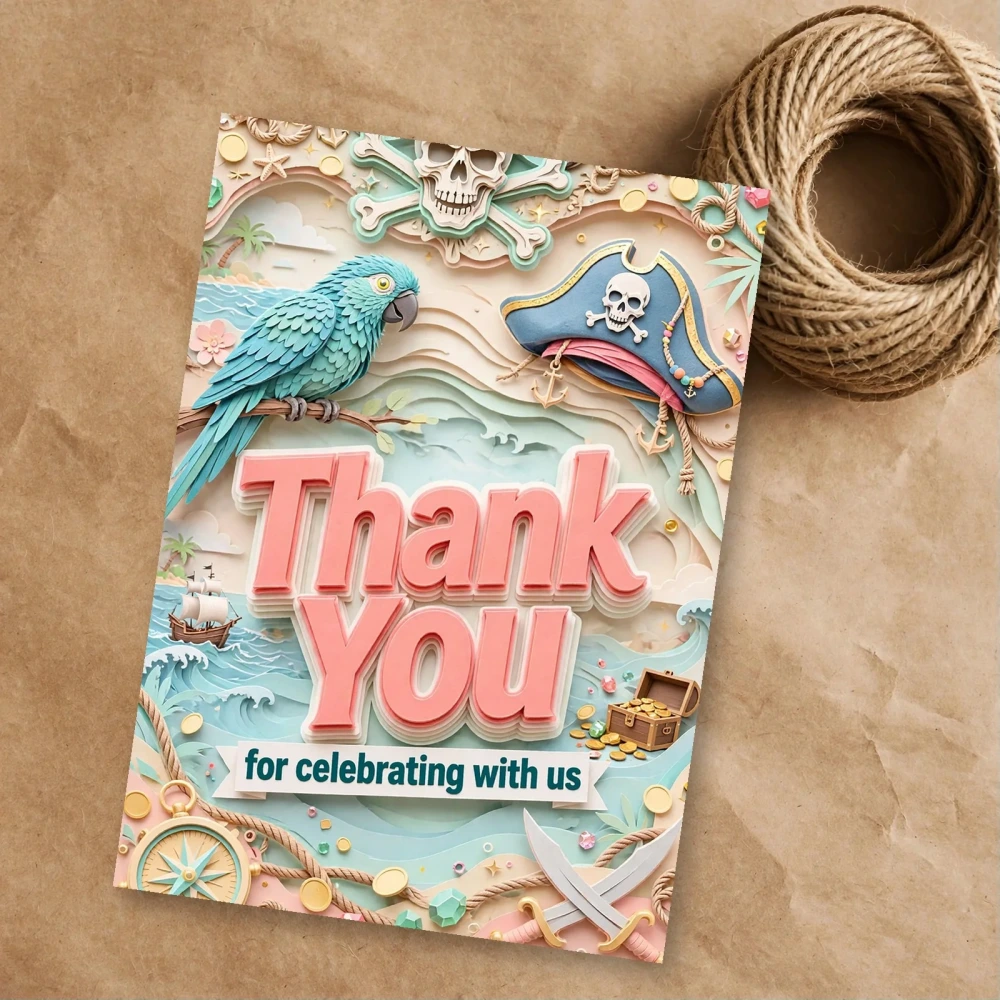 Pirates Theme Thank You Cards Birthday Party Supplies (PACK OF 30) - 300 GSM Matte Fine Art Cardstock (2.5 x 3.5 Inch)
