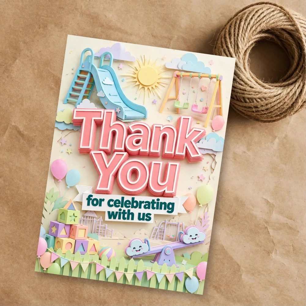 Playground Theme Thank You Cards Birthday Party Supplies (PACK OF 30) - 300 GSM Matte Fine Art Cardstock (2.5 x 3.5 Inch) - Premium Party Decor Supply by Party Decor Mall - View 1