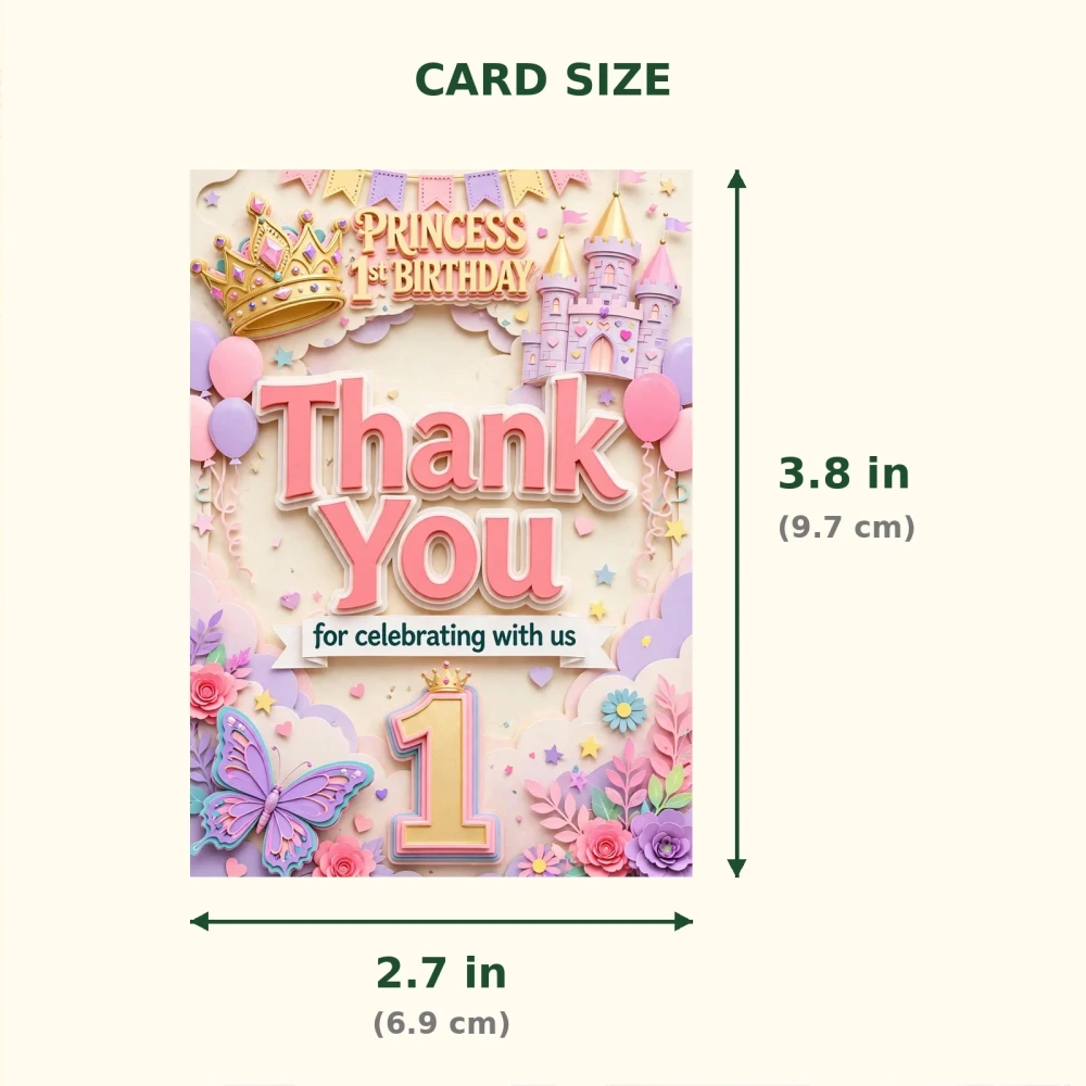 Princess 1st Birthday Theme Thank You Cards Birthday Party Supplies (PACK OF 30) - 300 GSM Matte Fine Art Cardstock (2.5 x 3.5 Inch) - Premium Party Decor Supply by Party Decor Mall - View 2