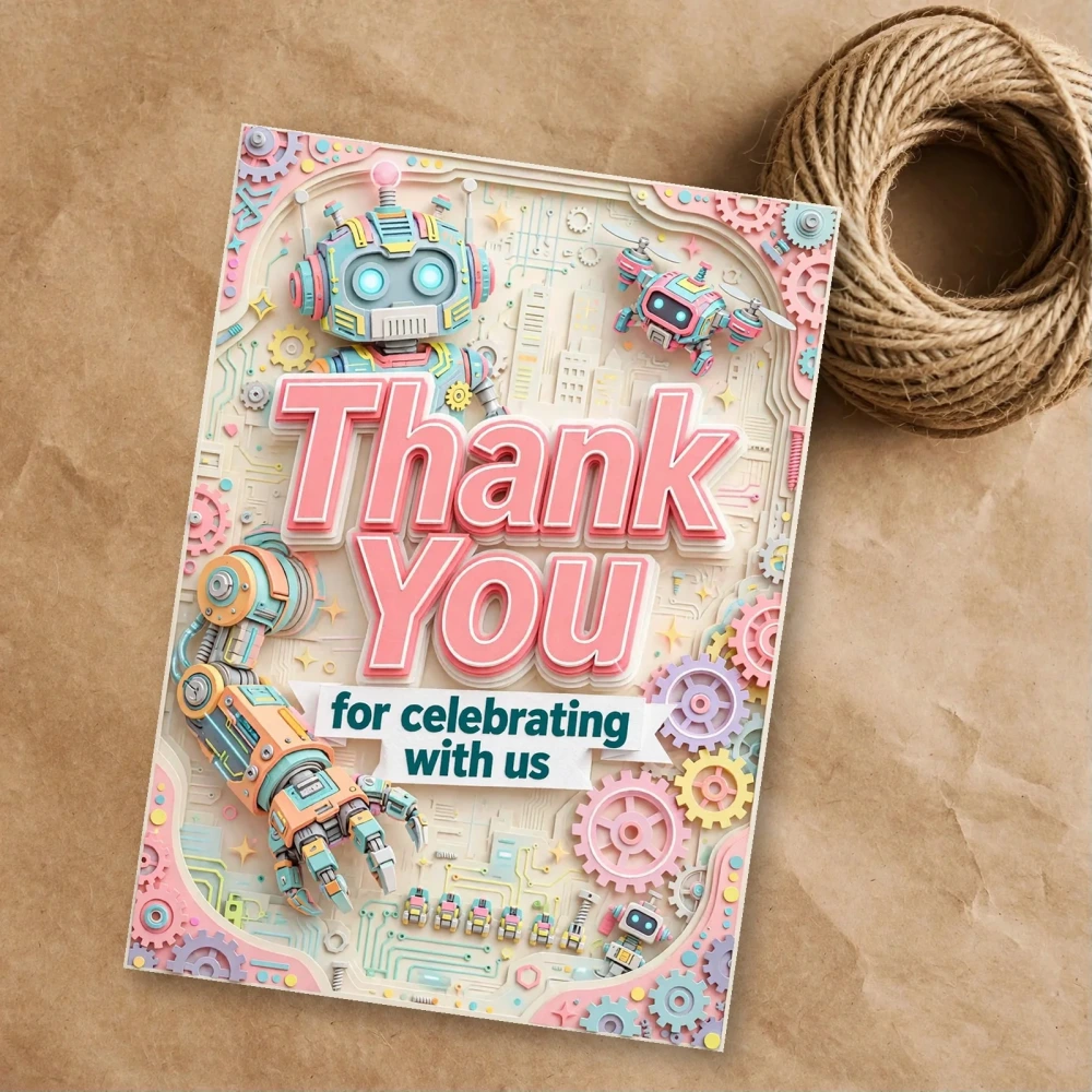 Robot Theme Thank You Cards Birthday Party Supplies (PACK OF 30) - 300 GSM Matte Fine Art Cardstock (2.5 x 3.5 Inch)