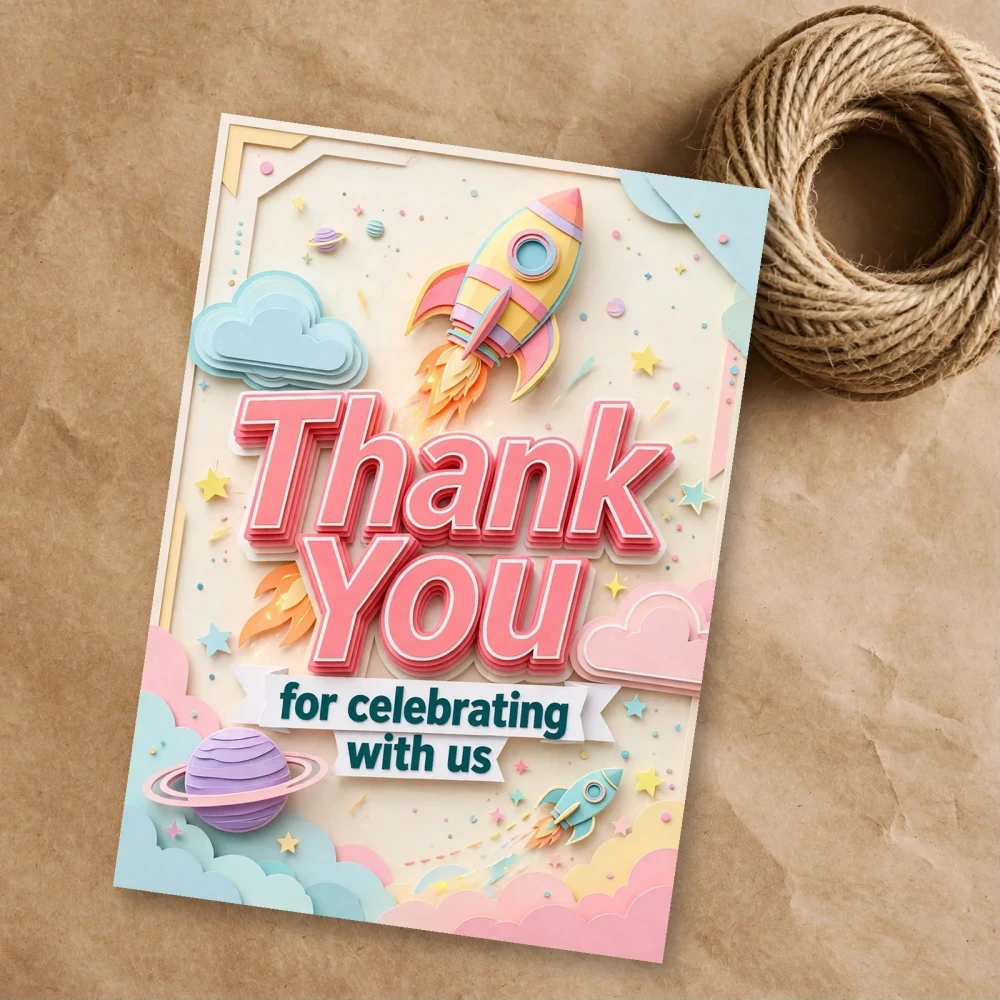 Rocket Theme Thank You Cards Birthday Party Supplies (PACK OF 30) - 300 GSM Matte Fine Art Cardstock (2.5 x 3.5 Inch) - Premium Party Decor Supply by Party Decor Mall - View 1