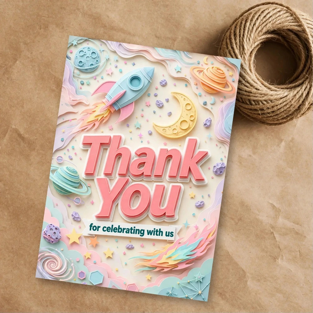 Space Theme Thank You Cards Birthday Party Supplies (PACK OF 30) - 300 GSM Matte Fine Art Cardstock (2.5 x 3.5 Inch) - Premium Party Decor Supply by Party Decor Mall - View 1