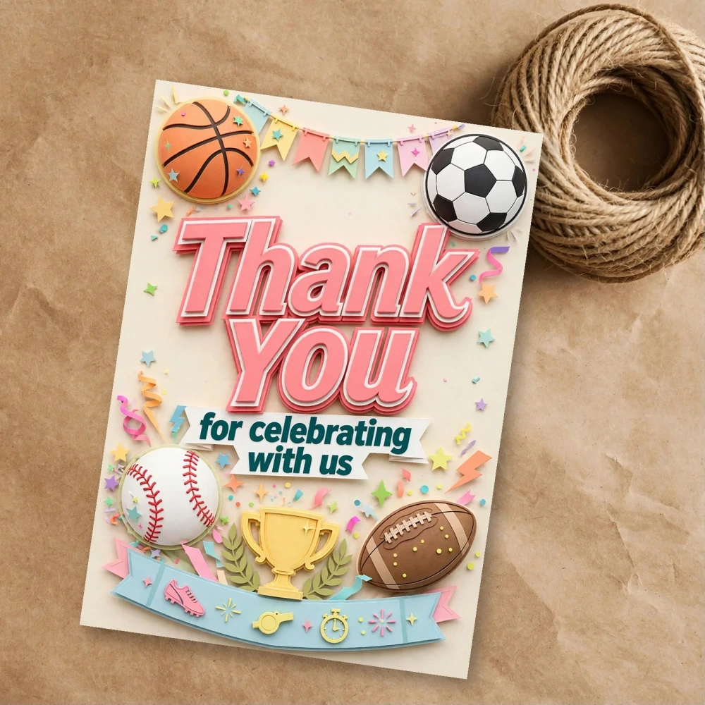 Sports Theme Thank You Cards Birthday Party Supplies (PACK OF 30) - 300 GSM Matte Fine Art Cardstock (2.5 x 3.5 Inch) - Premium Party Decor Supply by Party Decor Mall - View 1