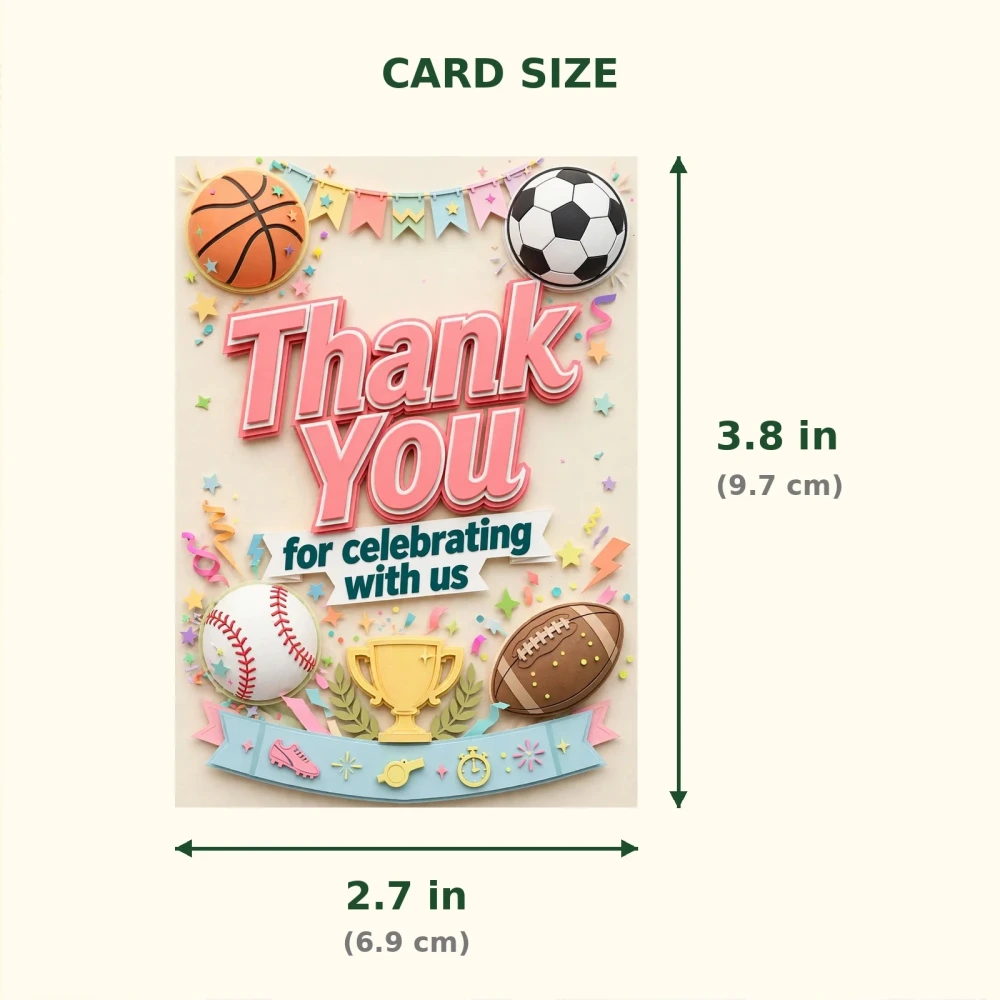 Sports Theme Thank You Cards Birthday Party Supplies (PACK OF 30) - 300 GSM Matte Fine Art Cardstock (2.5 x 3.5 Inch) - Premium Party Decor Supply by Party Decor Mall - View 2