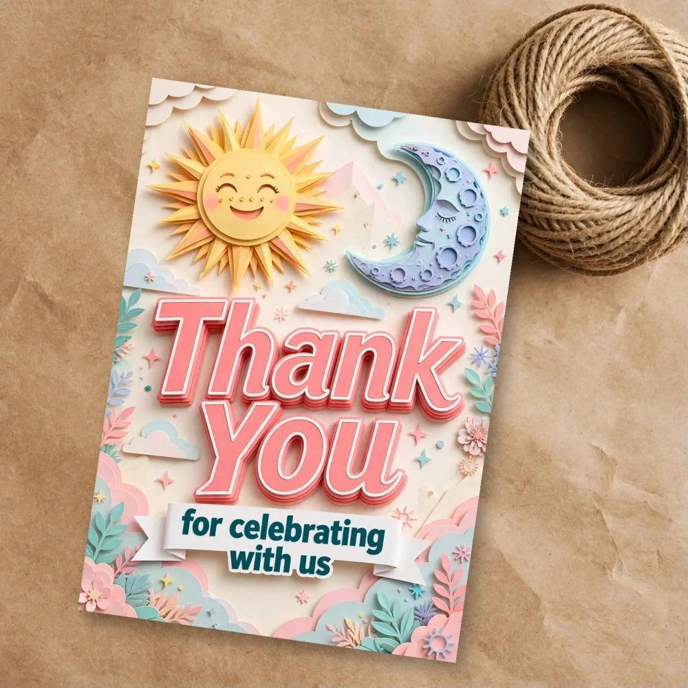 Sun Moon Theme Thank You Cards Birthday Party Supplies (PACK OF 30) - 300 GSM Matte Fine Art Cardstock (2.5 x 3.5 Inch) - Premium Party Decor Supply by Party Decor Mall - View 1