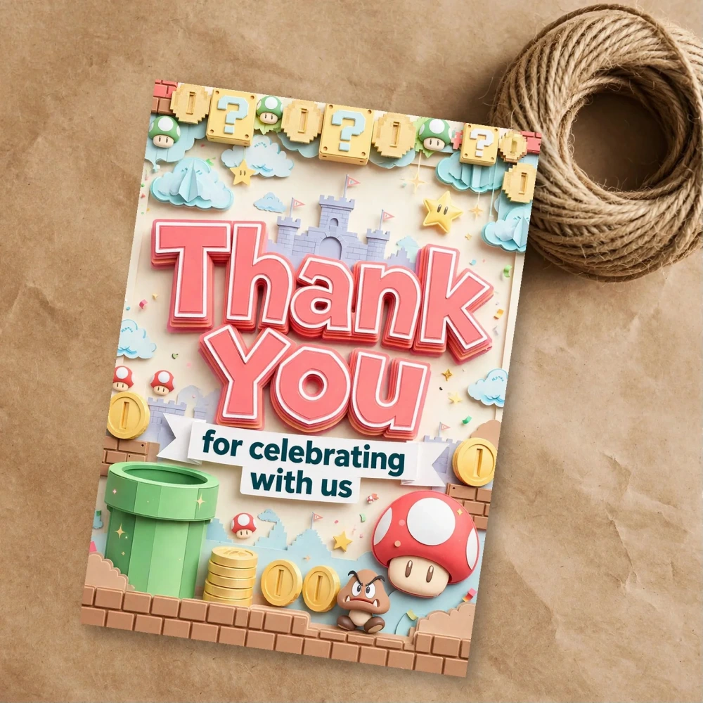 Super Mario Theme Thank You Cards Birthday Party Supplies (PACK OF 30) - 300 GSM Matte Fine Art Cardstock (2.5 x 3.5 Inch) - Premium Party Decor Supply by Party Decor Mall - View 1